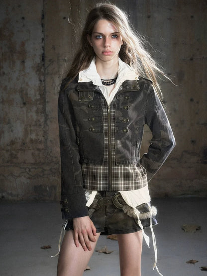 Chinese Clothing Cest Nous Update Vintage Washed Distressed Camouflage Cropped Jacket