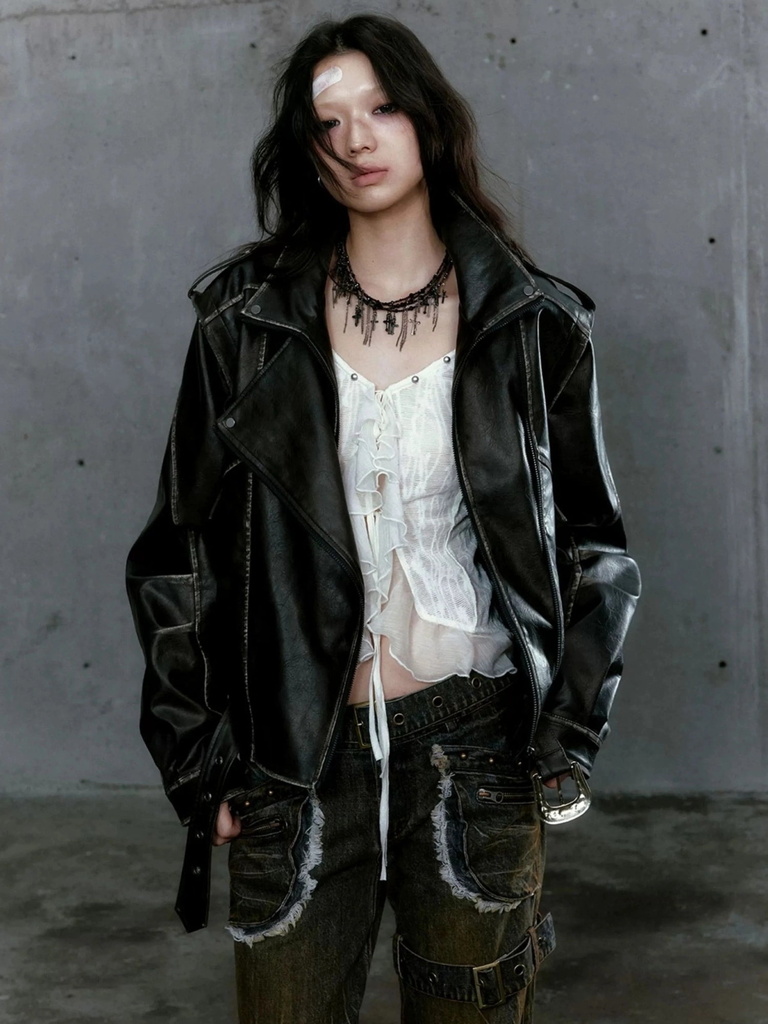 Chinese Clothing Cest Nous Update Vintage Washed Split Zip Biker Jacket