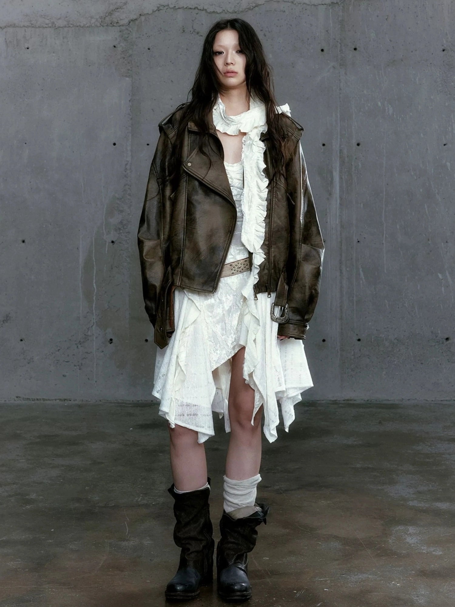 Chinese Clothing Cest Nous Update Vintage Washed Split Zip Biker Jacket