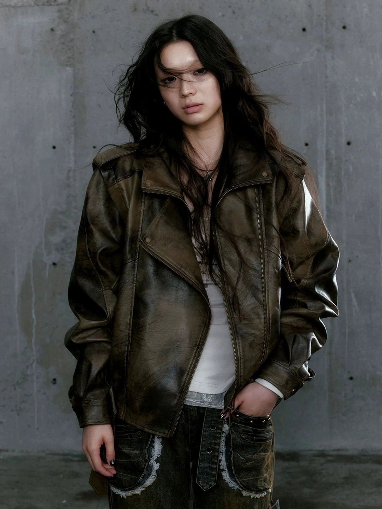 Chinese Clothing Cest Nous Update Vintage Washed Split Zip Biker Jacket