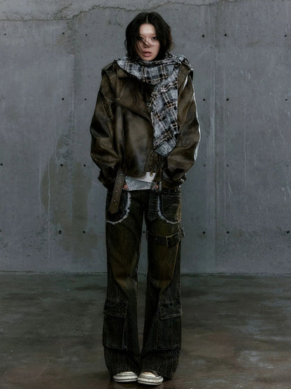 Chinese Clothing Cest Nous Update Vintage Washed Split Zip Biker Jacket