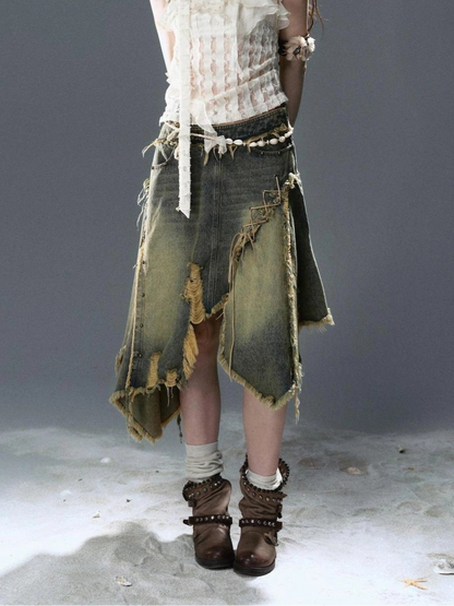Chinese Clothing Cest Nous Update Wilderness Wanderer Deconstructed Raw Hem Denim Skirt