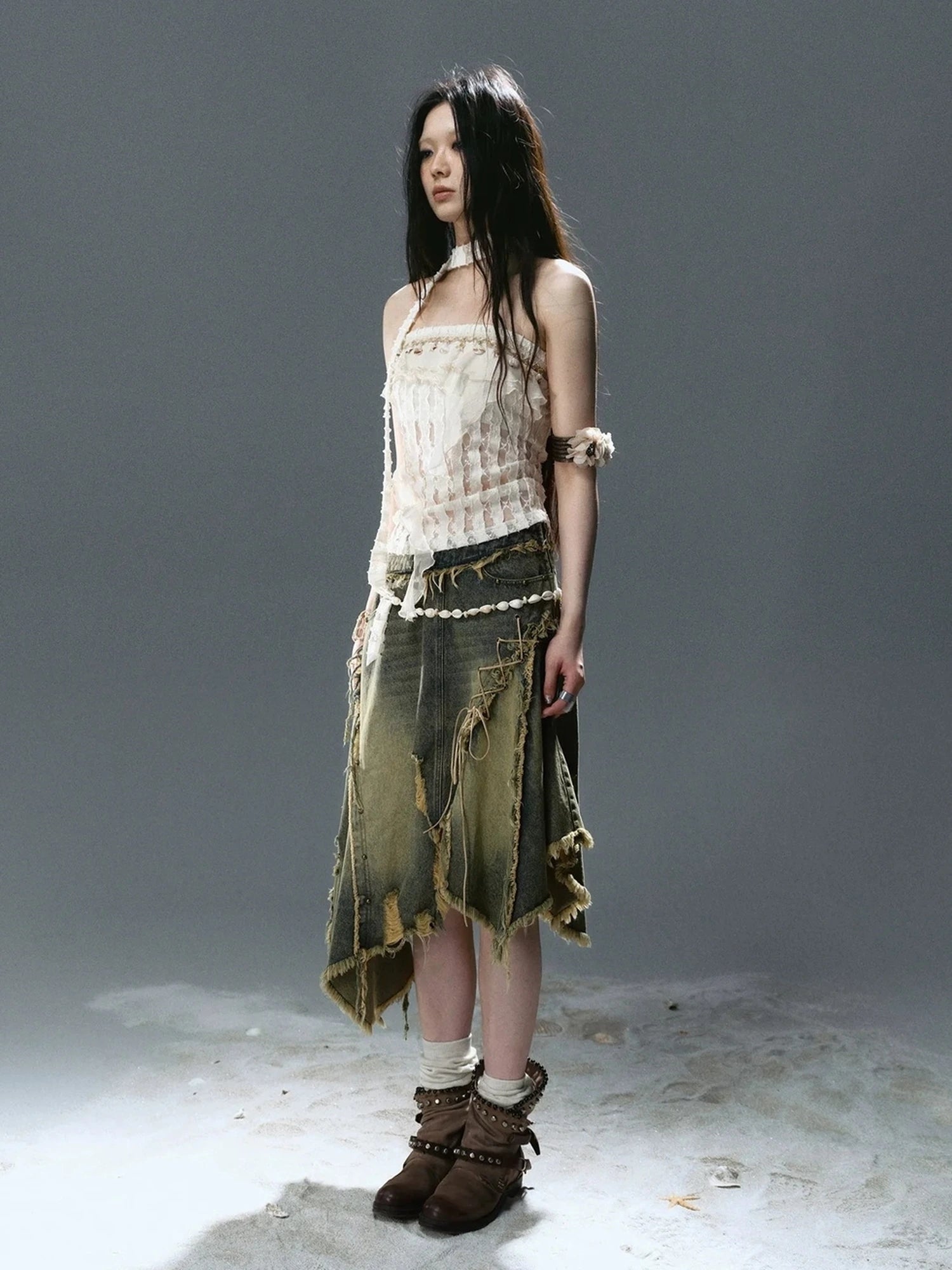 Chinese Clothing Cest Nous Update Wilderness Wanderer Deconstructed Raw Hem Denim Skirt