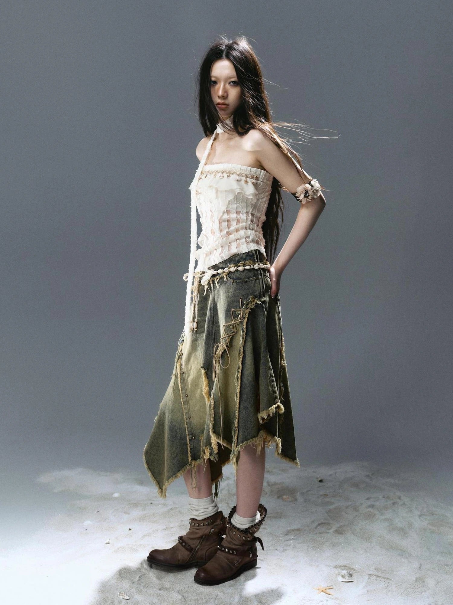 Chinese Clothing Cest Nous Update Wilderness Wanderer Deconstructed Raw Hem Denim Skirt