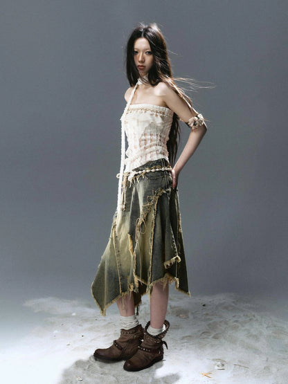 Chinese Clothing Cest Nous Update Wilderness Wanderer Deconstructed Raw Hem Denim Skirt