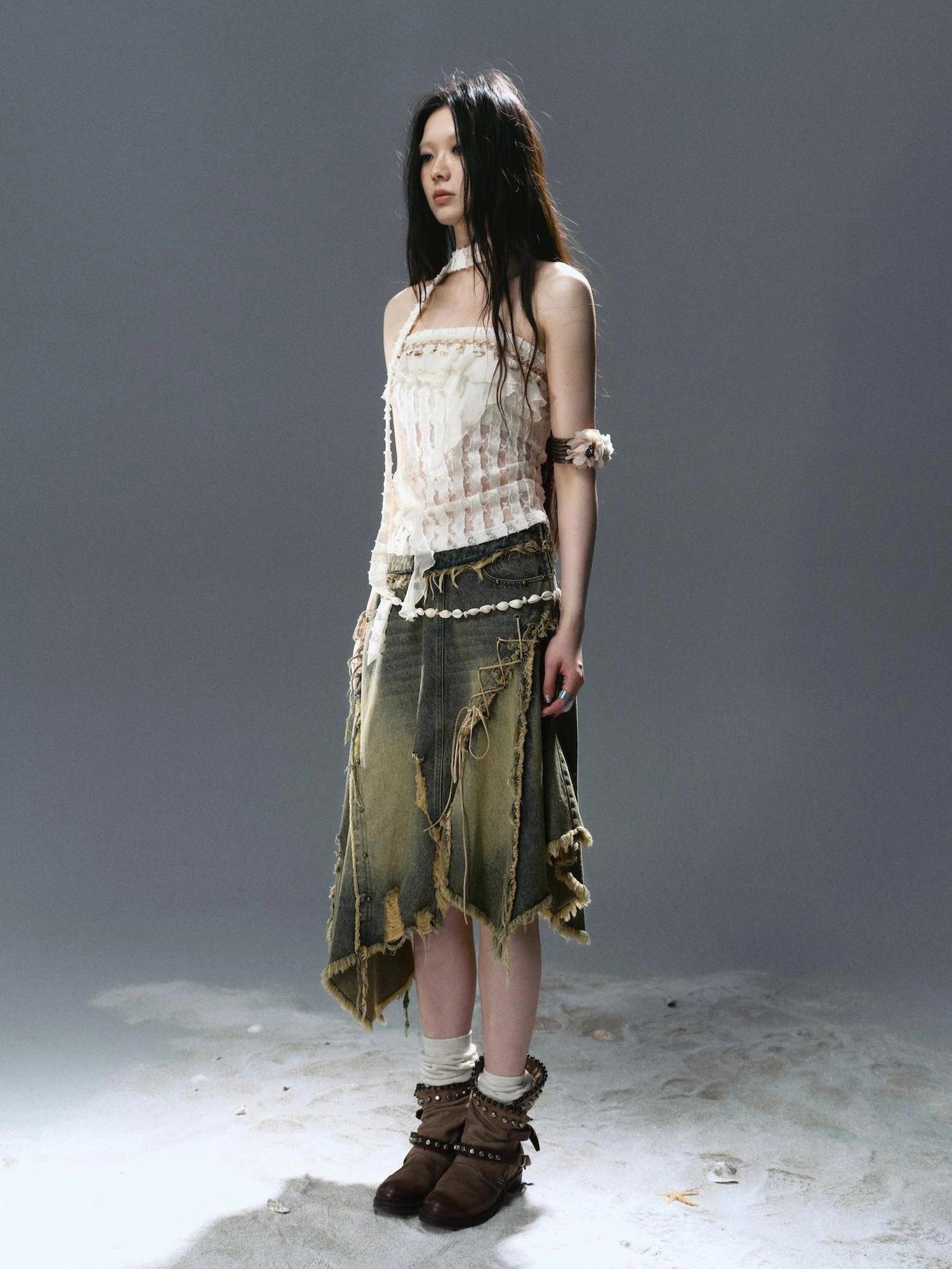 Chinese Clothing Cest Nous Update Wilderness Wanderer Deconstructed Raw Hem Denim Skirt
