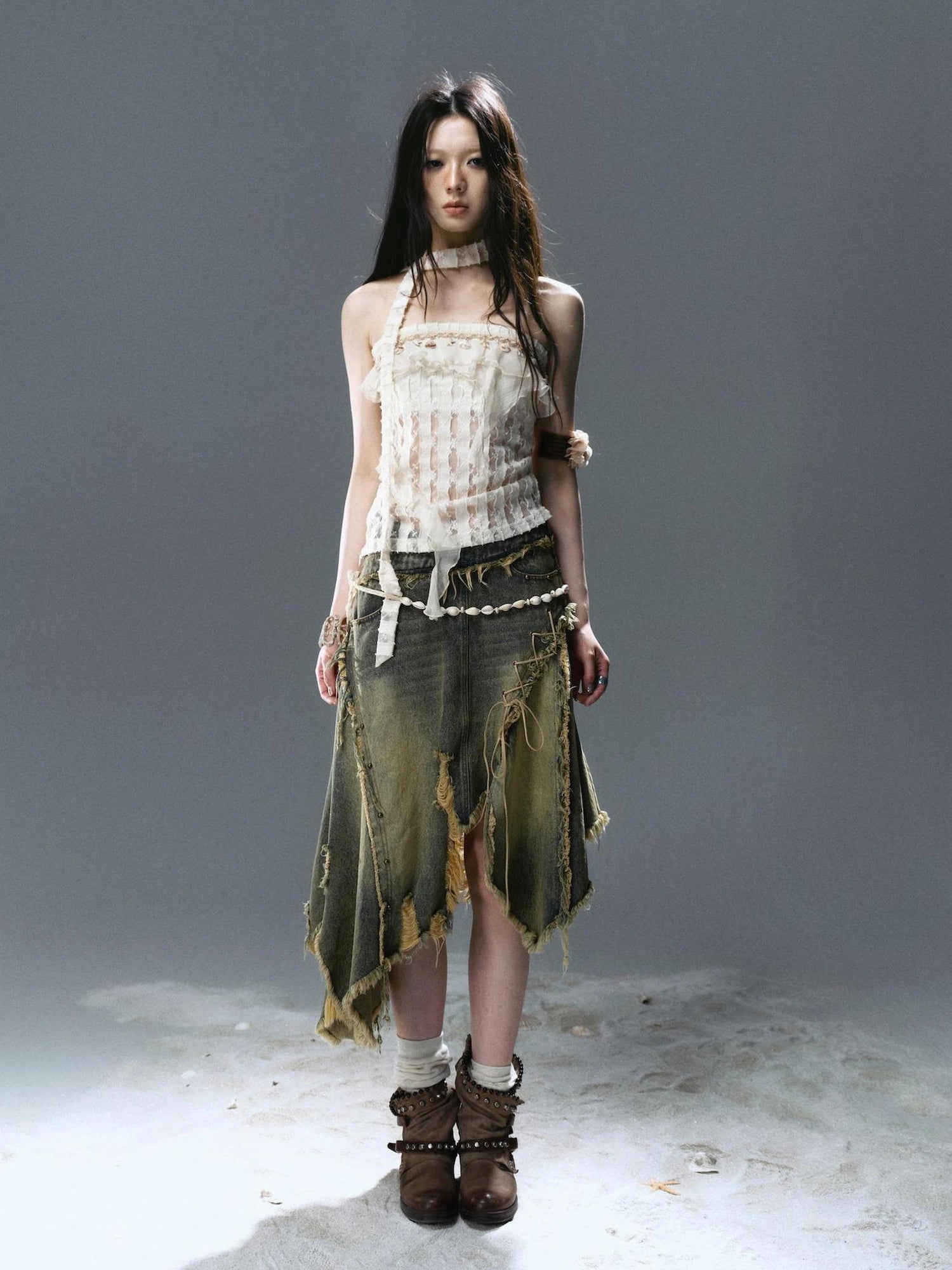 Chinese Clothing Cest Nous Update Wilderness Wanderer Deconstructed Raw Hem Denim Skirt