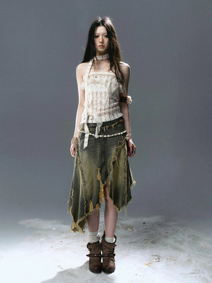 Chinese Clothing Cest Nous Update Wilderness Wanderer Deconstructed Raw Hem Denim Skirt