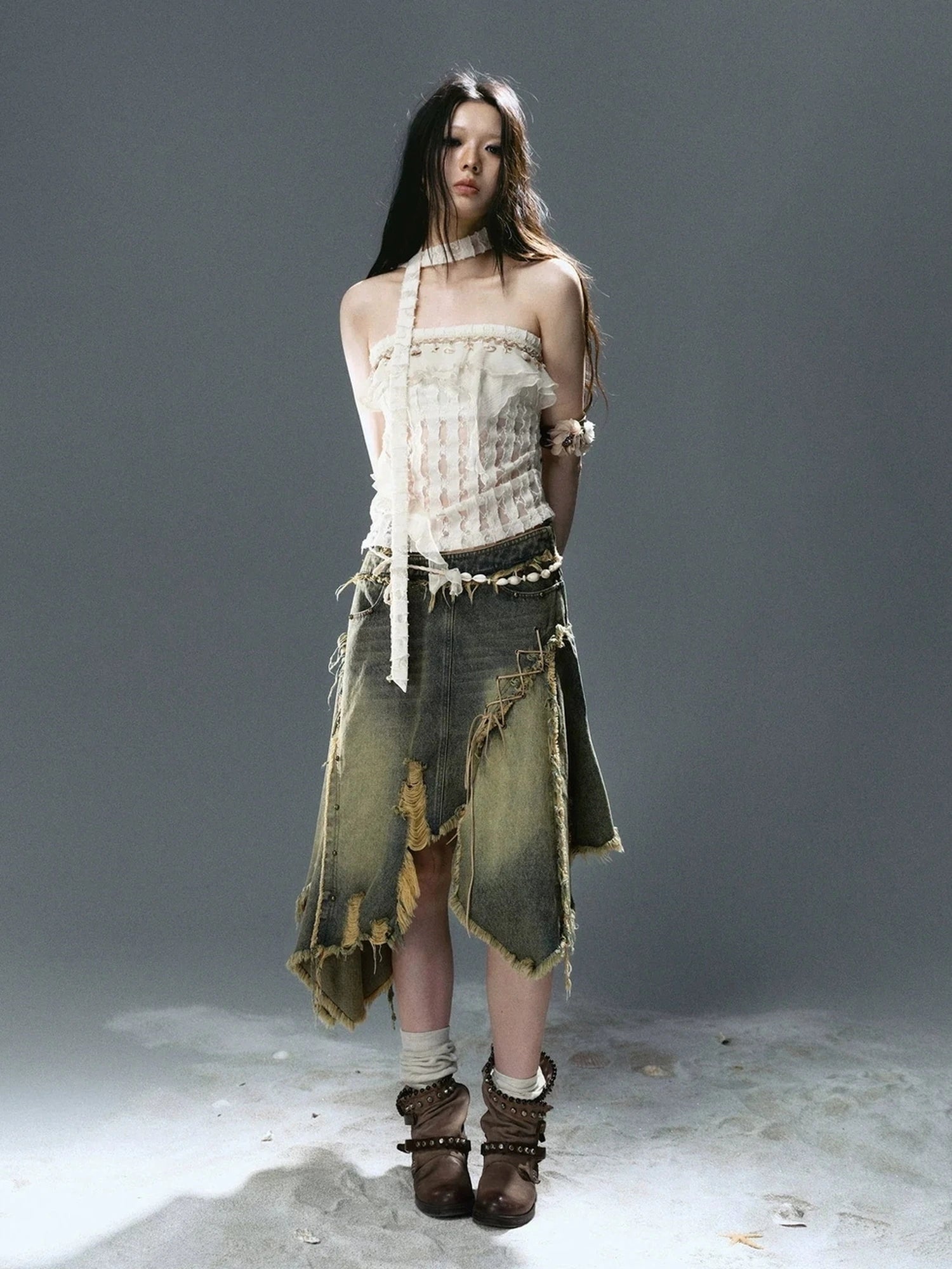 Chinese Clothing Cest Nous Update Wilderness Wanderer Deconstructed Raw Hem Denim Skirt
