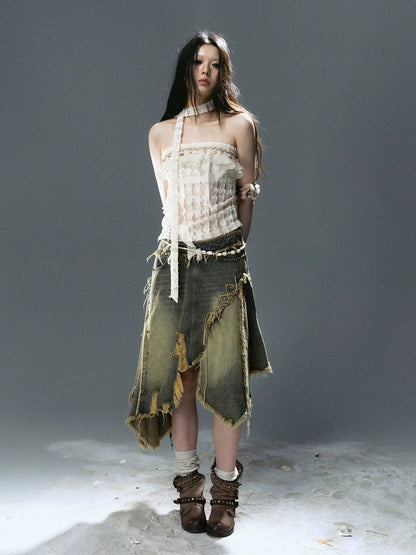 Chinese Clothing Cest Nous Update Wilderness Wanderer Deconstructed Raw Hem Denim Skirt