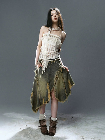Chinese Clothing Cest Nous Update Wilderness Wanderer Deconstructed Raw Hem Denim Skirt