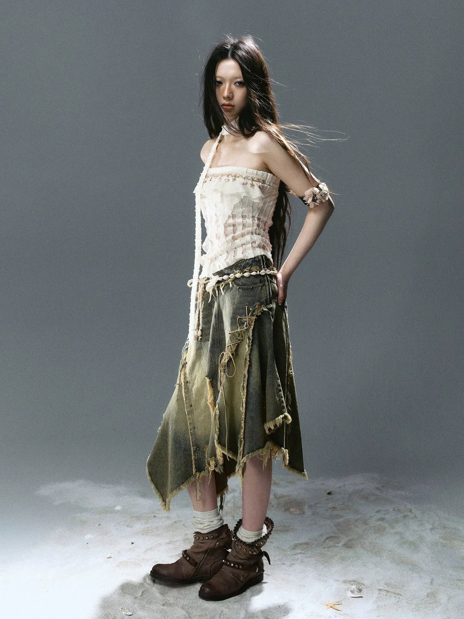 Chinese Clothing Cest Nous Update Wilderness Wanderer Deconstructed Raw Hem Denim Skirt