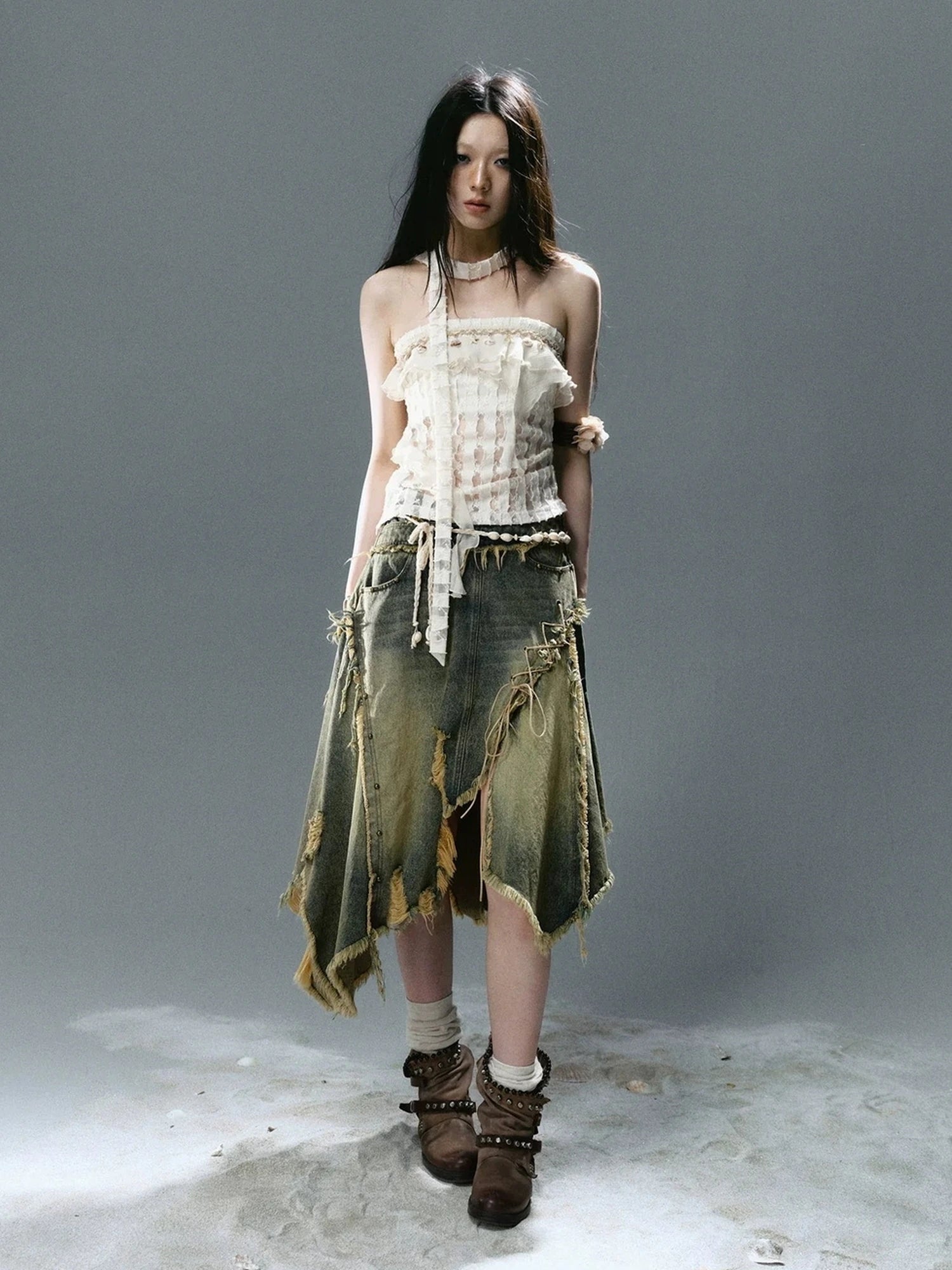 Chinese Clothing Cest Nous Update Wilderness Wanderer Deconstructed Raw Hem Denim Skirt