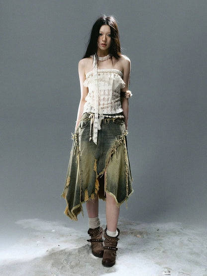 Chinese Clothing Cest Nous Update Wilderness Wanderer Deconstructed Raw Hem Denim Skirt