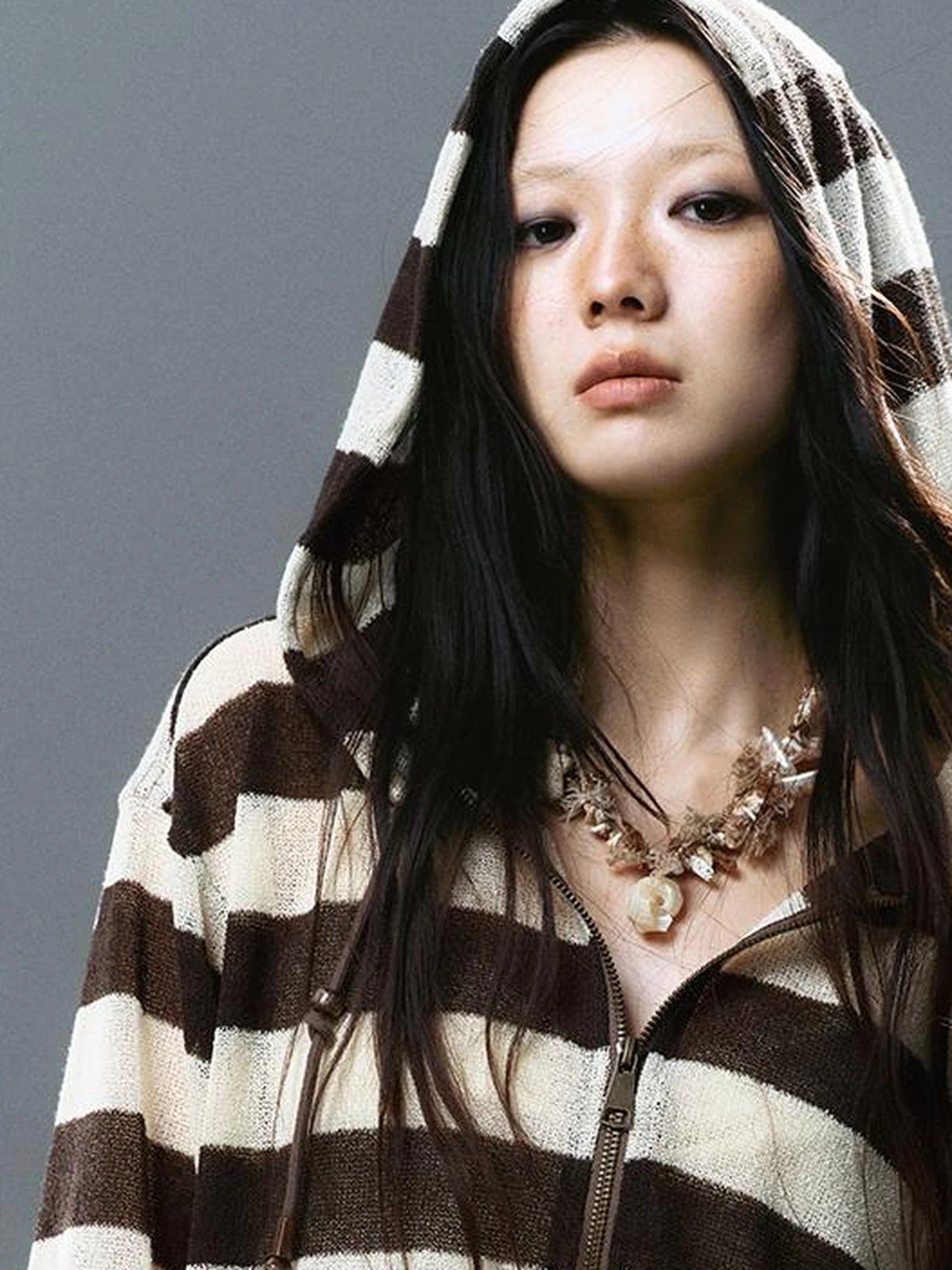 V Neck Stripe Knit Hooded Cover Up