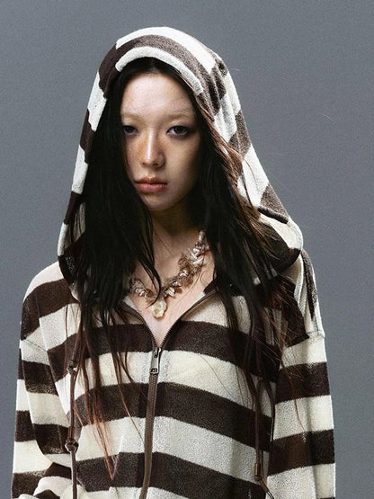 V Neck Stripe Knit Hooded Cover Up