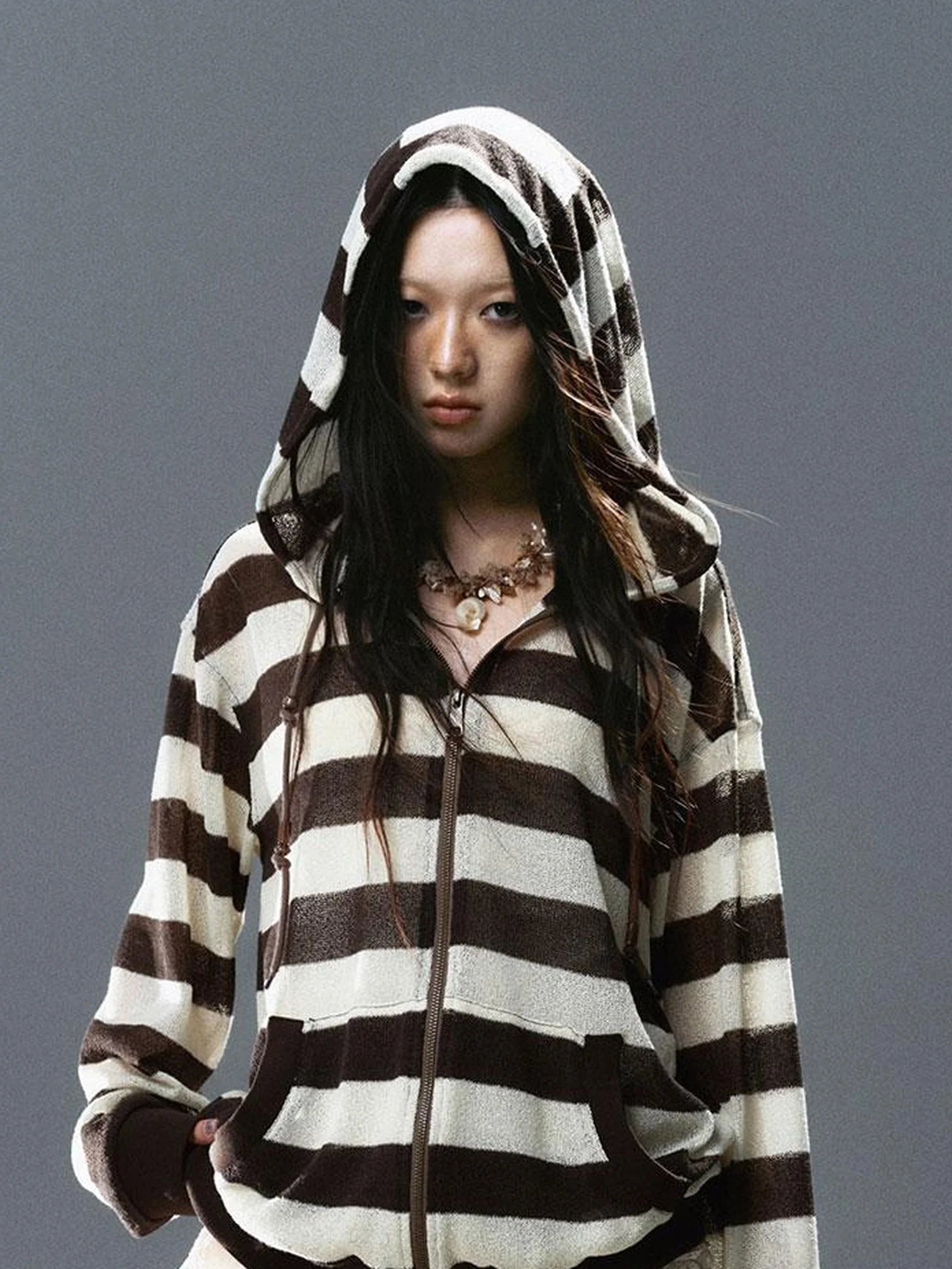 V Neck Stripe Knit Hooded Cover Up
