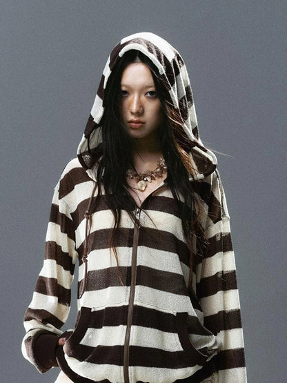 V Neck Stripe Knit Hooded Cover Up