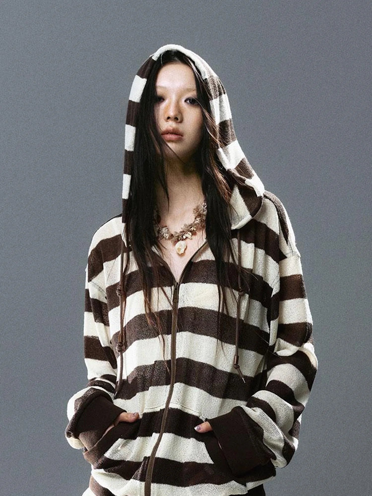 V Neck Stripe Knit Hooded Cover Up