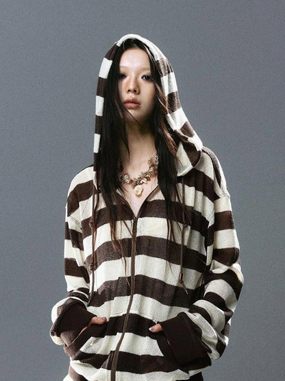 V Neck Stripe Knit Hooded Cover Up