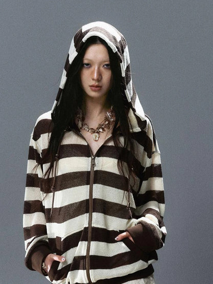 V Neck Stripe Knit Hooded Cover Up