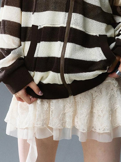 V Neck Stripe Knit Hooded Cover Up