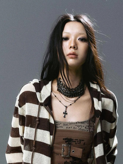 V Neck Stripe Knit Hooded Cover Up