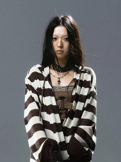 V Neck Stripe Knit Hooded Cover Up