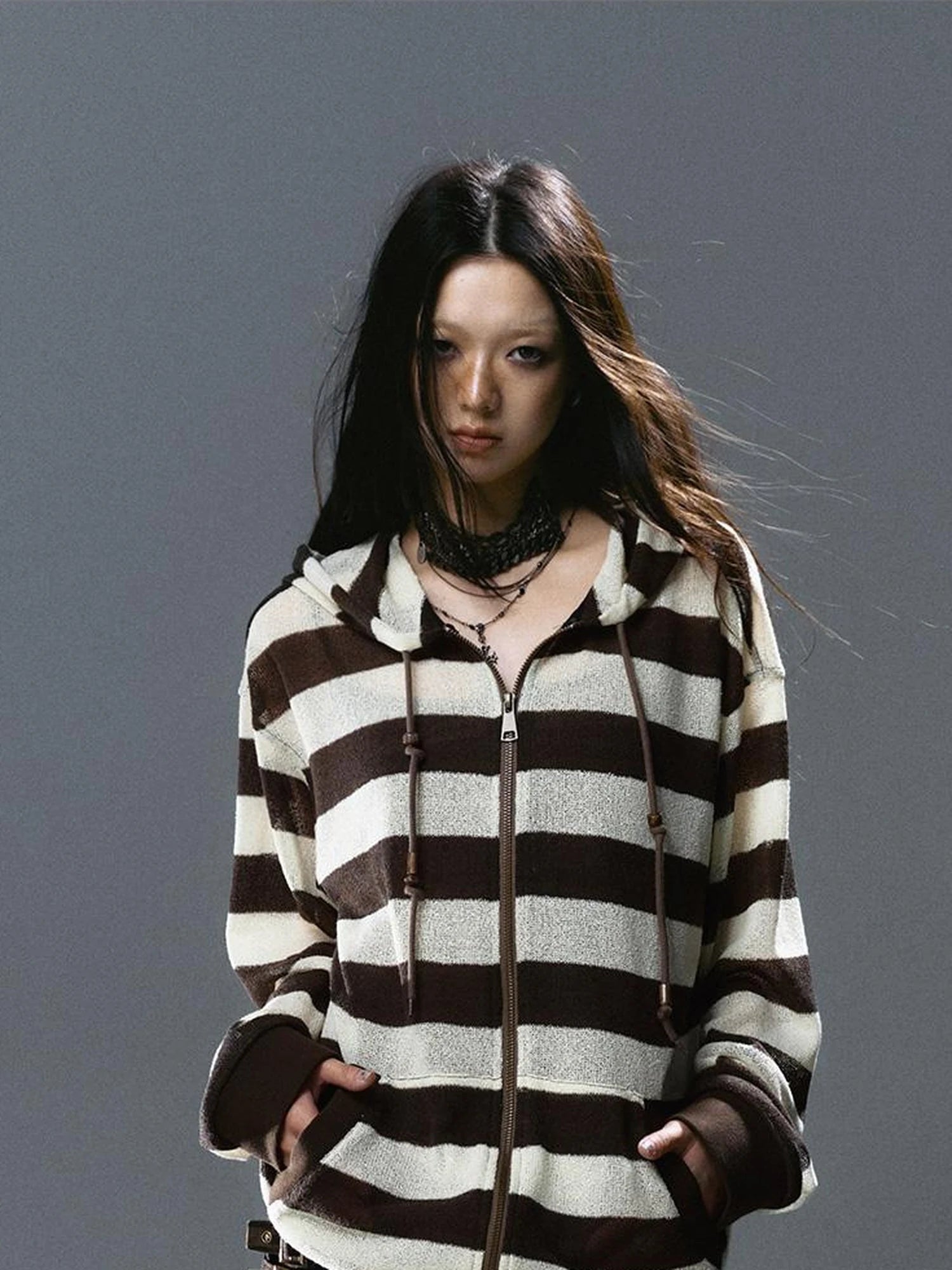 V Neck Stripe Knit Hooded Cover Up