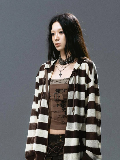 V Neck Stripe Knit Hooded Cover Up