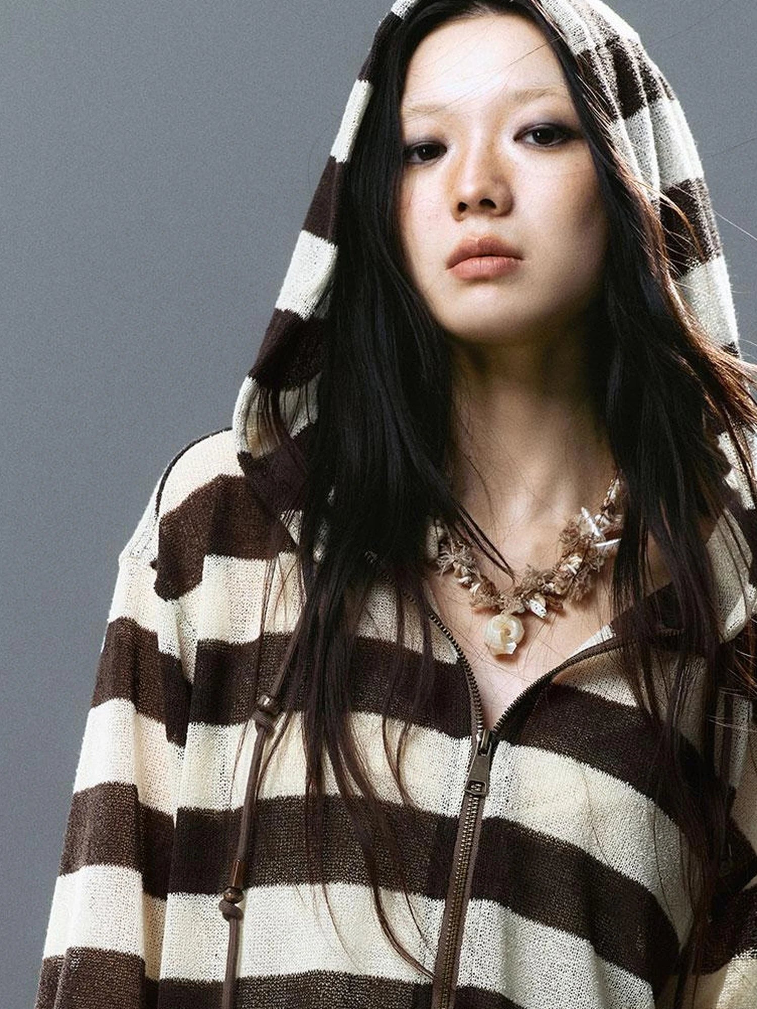 V Neck Stripe Knit Hooded Cover Up