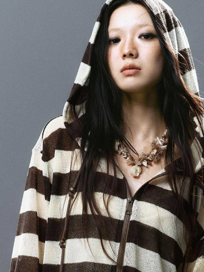 V Neck Stripe Knit Hooded Cover Up