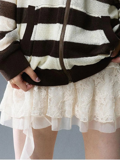 V Neck Stripe Knit Hooded Cover Up