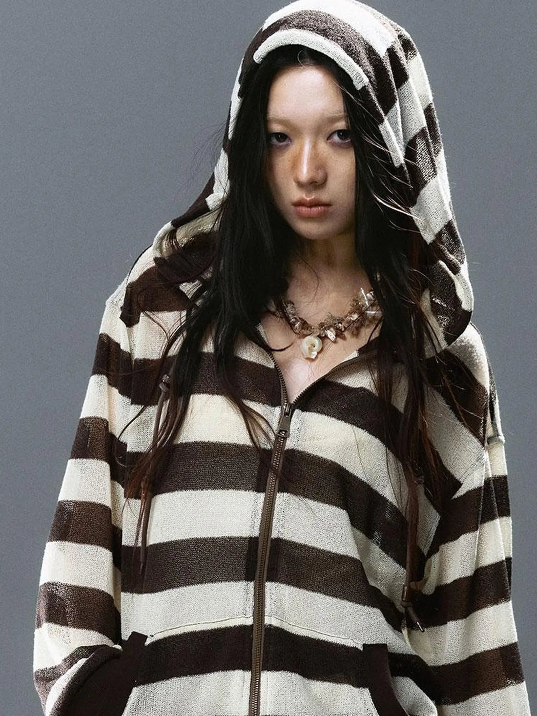V Neck Stripe Knit Hooded Cover Up