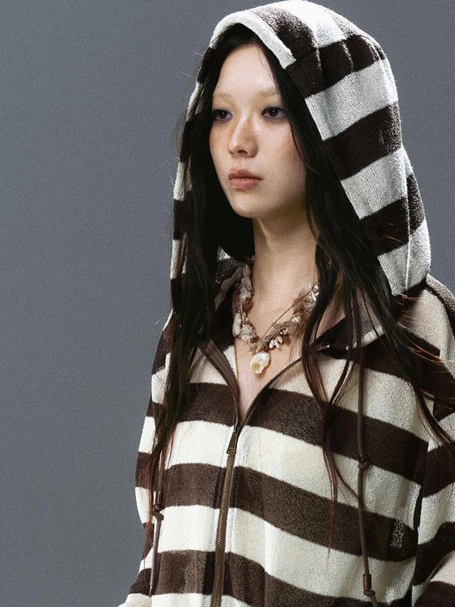 V Neck Stripe Knit Hooded Cover Up