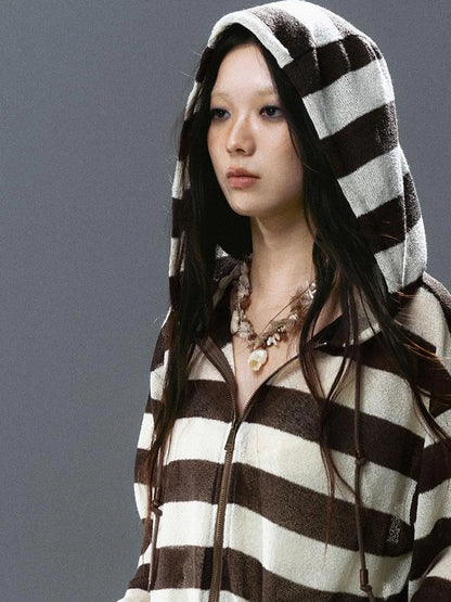 V Neck Stripe Knit Hooded Cover Up