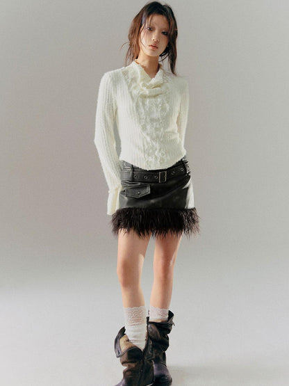 Cest Nous Velvet Lace Trim Embroidered Mock Neck Top