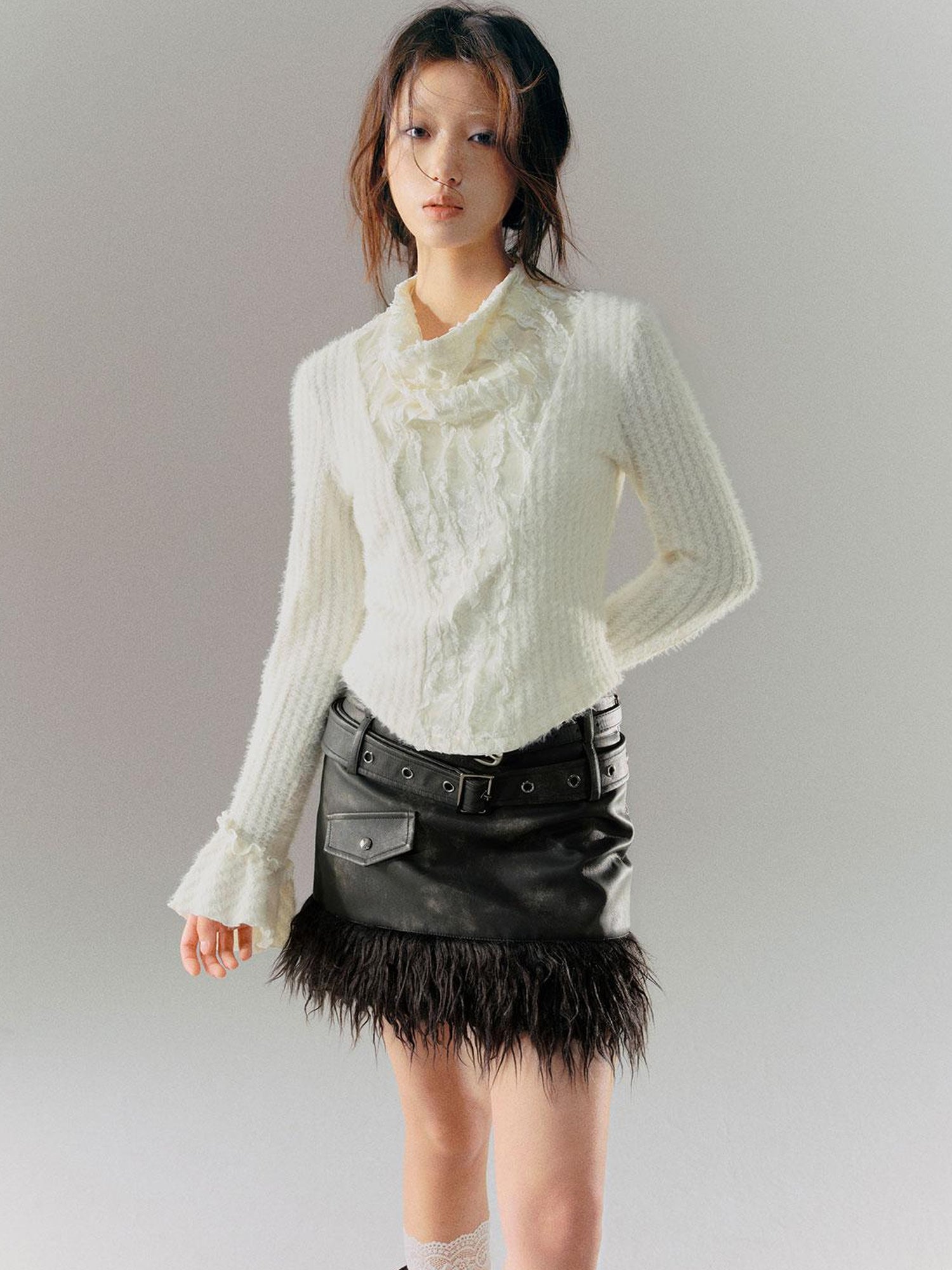 Cest Nous Velvet Lace Trim Embroidered Mock Neck Top