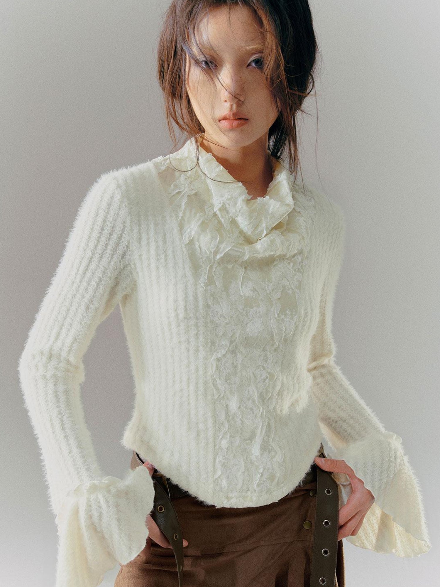 Cest Nous Velvet Lace Trim Embroidered Mock Neck Top
