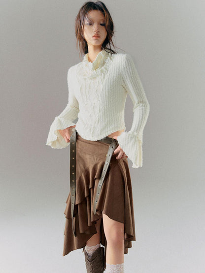 Cest Nous Velvet Lace Trim Embroidered Mock Neck Top