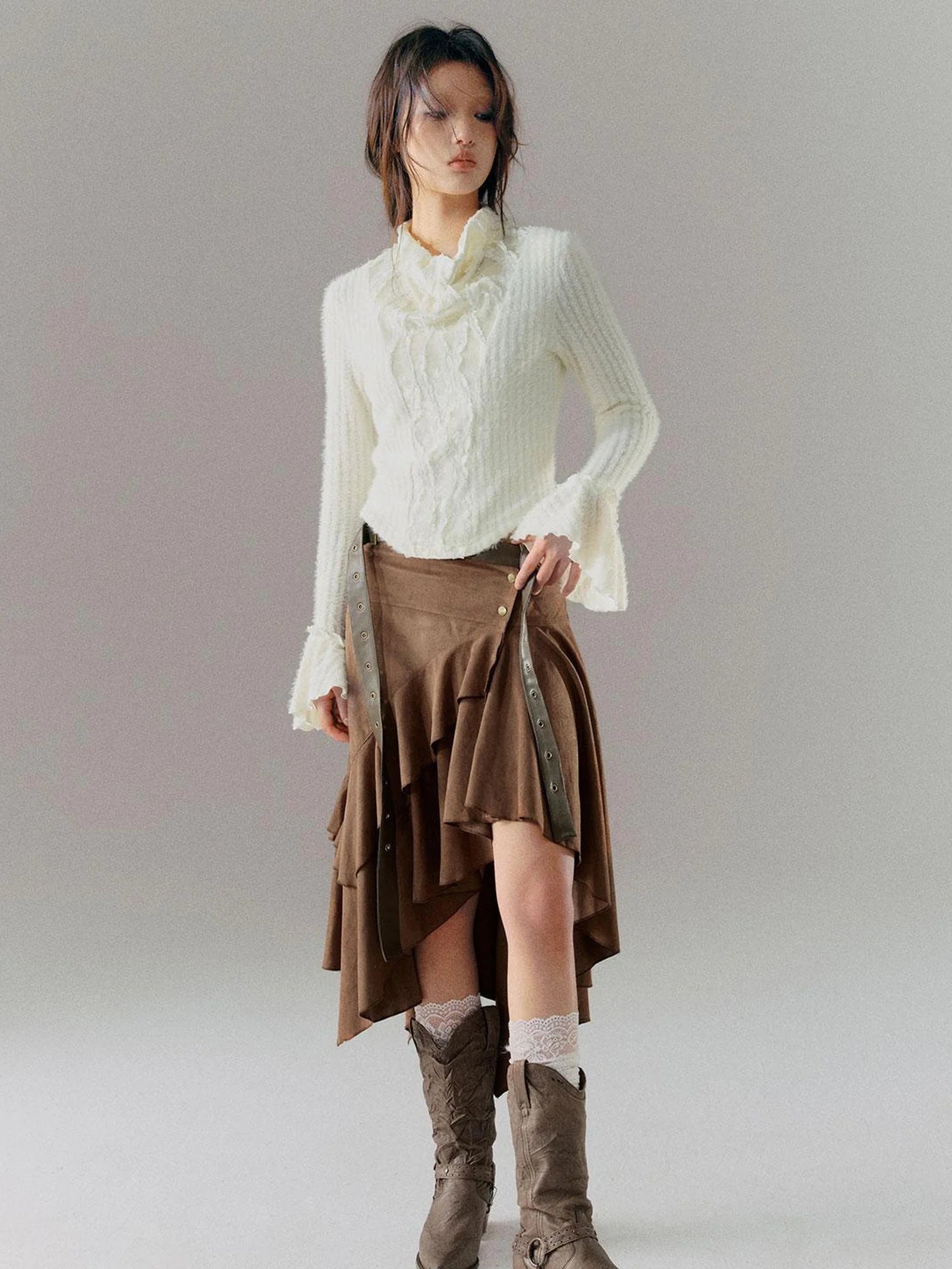 Velvet Lace Trim Embroidered Mock Neck Top