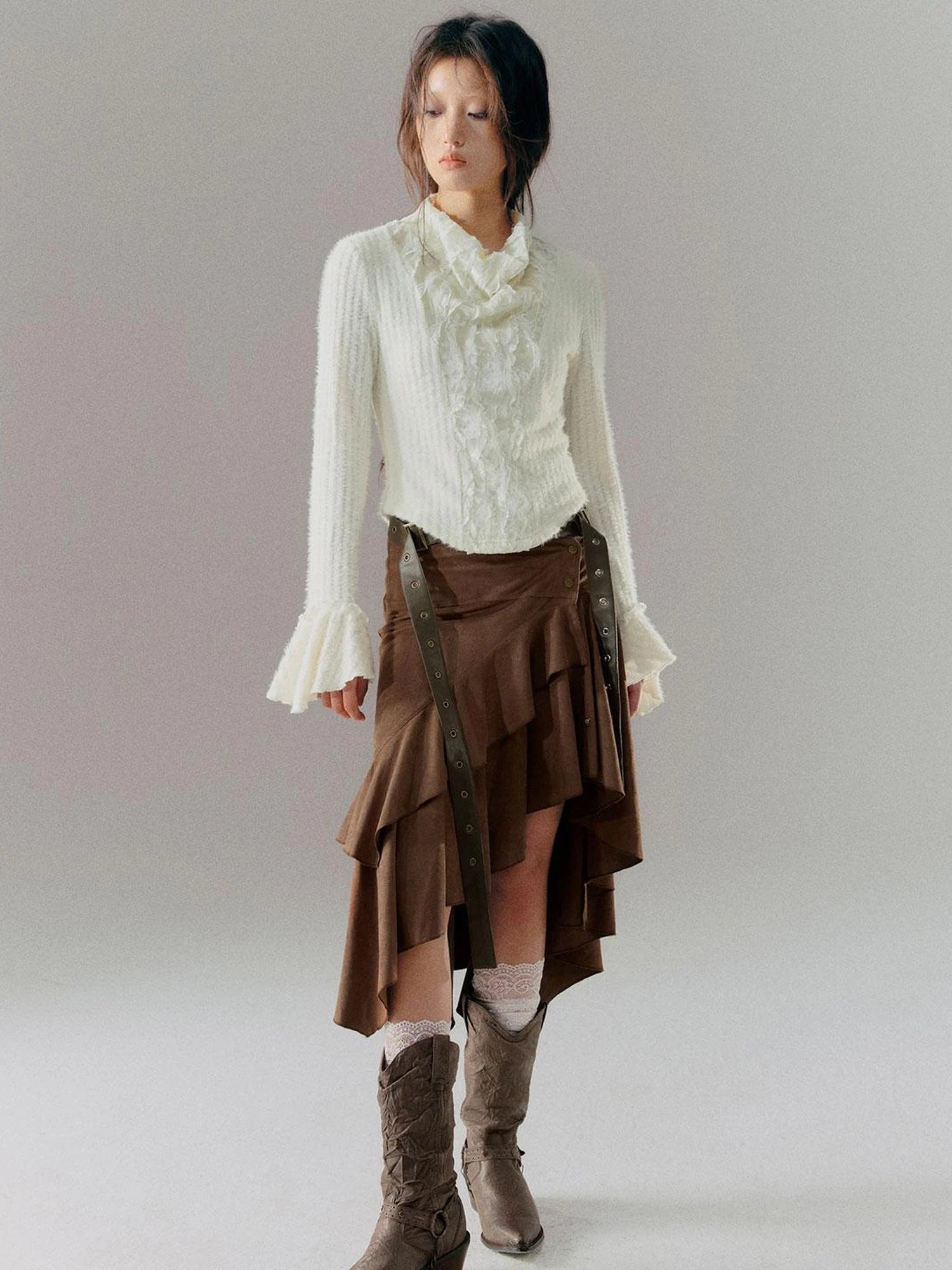 Velvet Lace Trim Embroidered Mock Neck Top