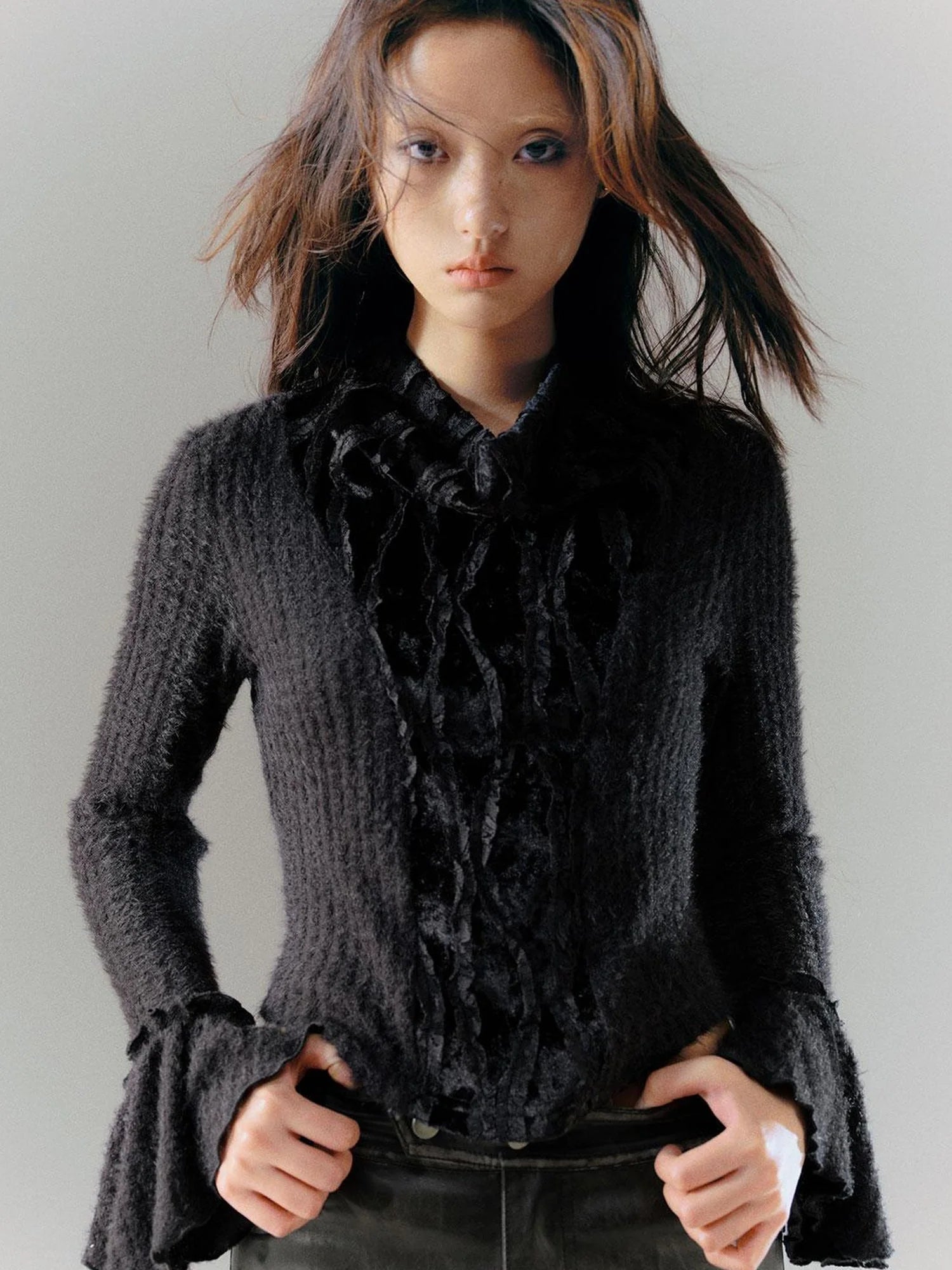 Velvet Lace Trim Embroidered Mock Neck Top