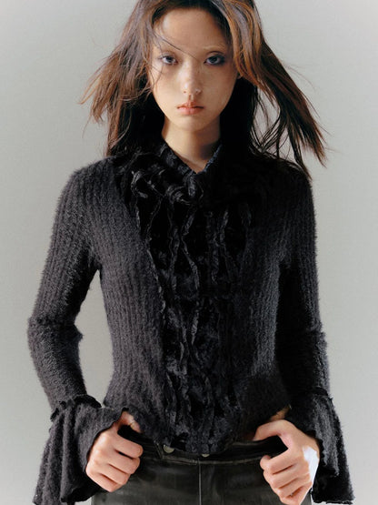 Velvet Lace Trim Embroidered Mock Neck Top