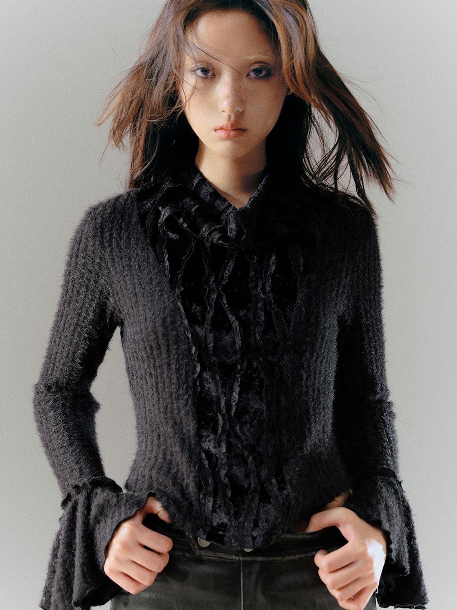 Cest Nous Velvet Lace Trim Embroidered Mock Neck Top
