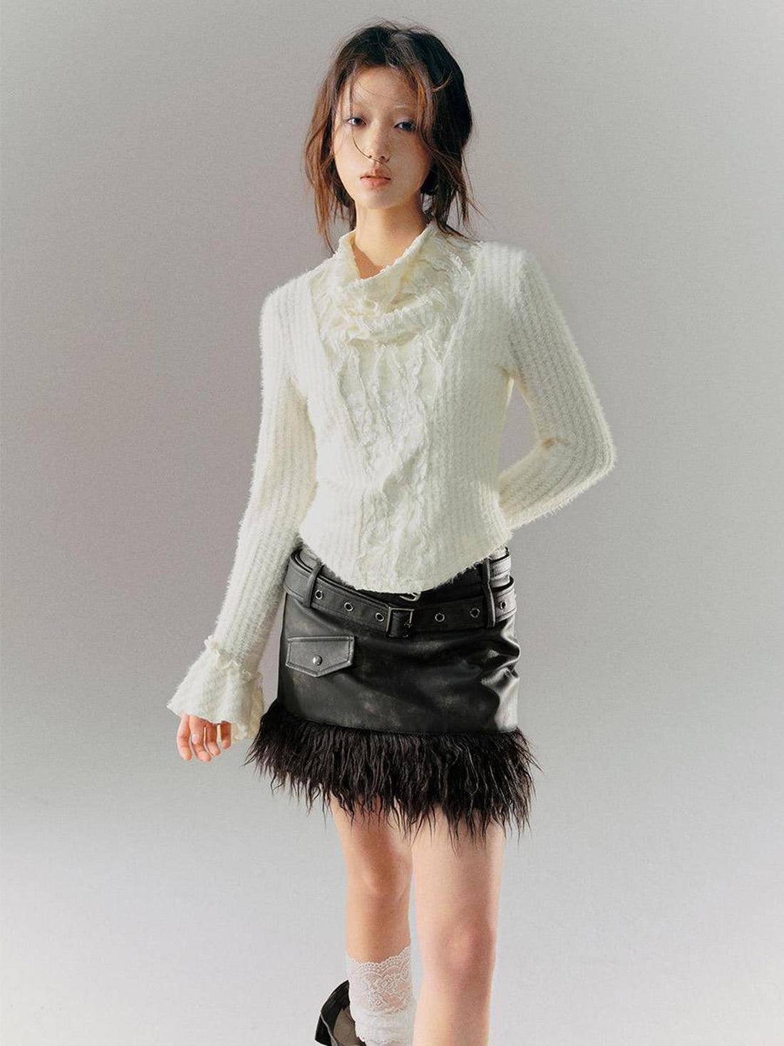Cest Nous Velvet Lace Trim Embroidered Mock Neck Top