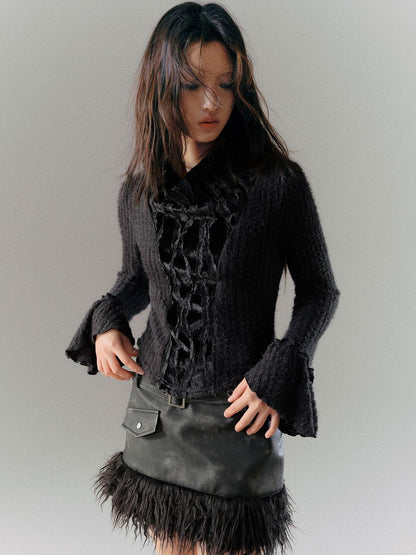 Cest Nous Velvet Lace Trim Embroidered Mock Neck Top
