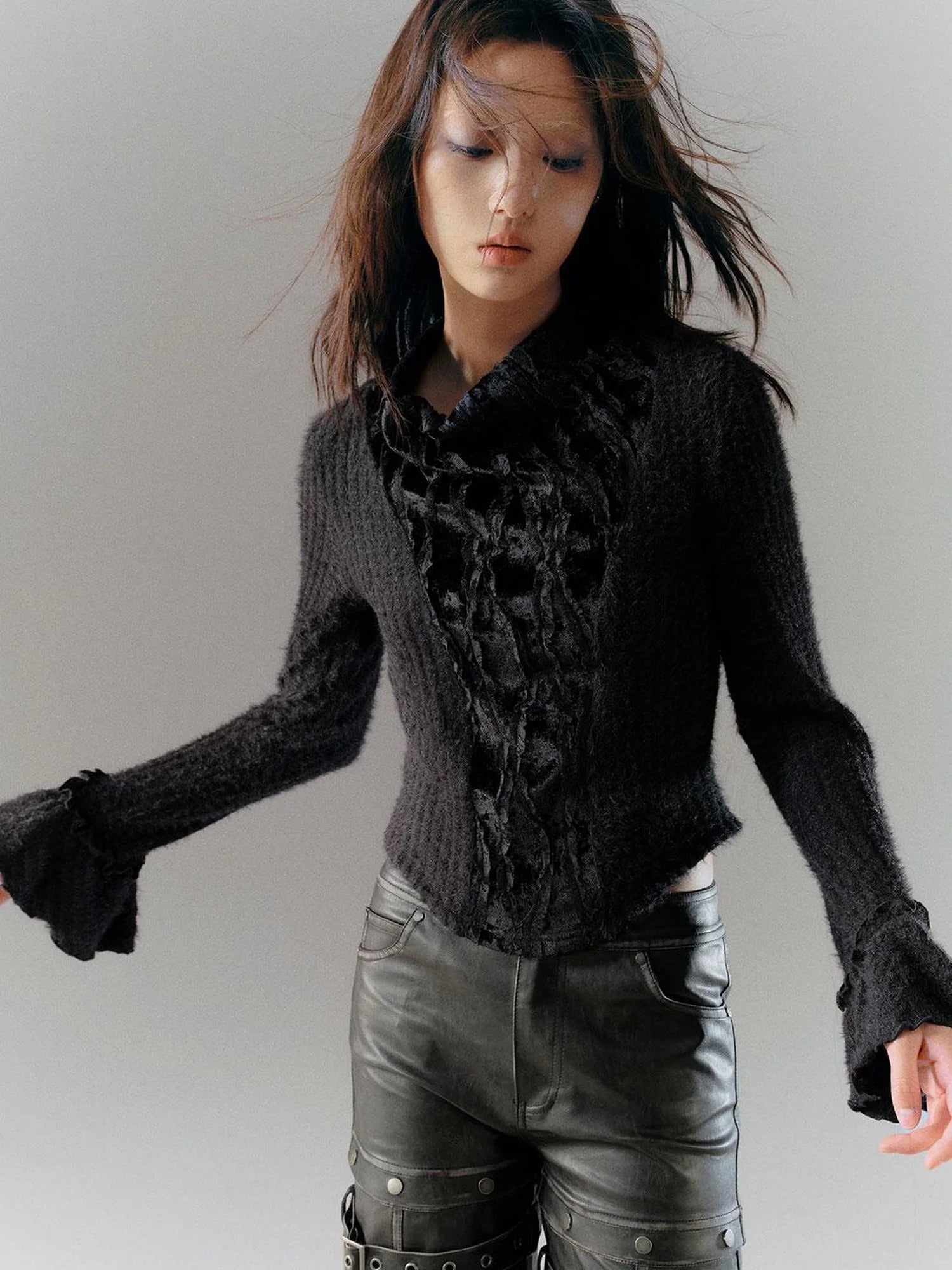 Velvet Lace Trim Embroidered Mock Neck Top