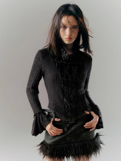 Velvet Lace Trim Embroidered Mock Neck Top