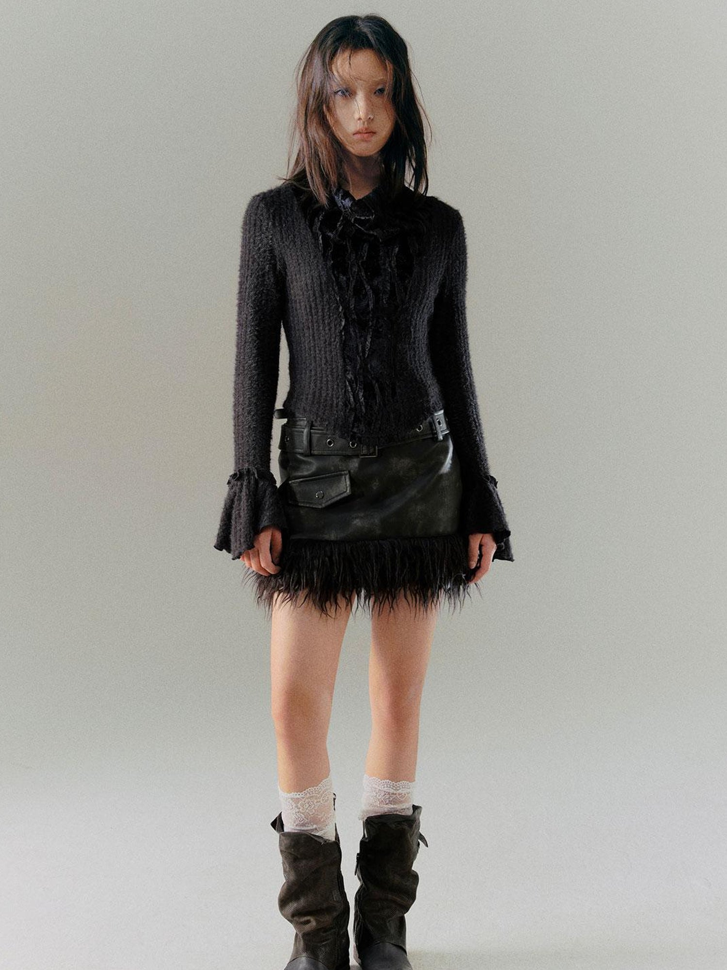 Cest Nous Velvet Lace Trim Embroidered Mock Neck Top